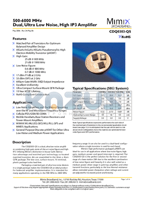 CDQ0303-QS datasheet - 500-6000 MHz Dual, Ultra Low Noise, High IP3 Amplifier