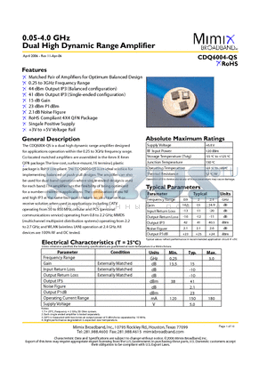 CDQ6004-QS datasheet - 0.05-4.0 GHz Dual High Dynamic Range Amplifier