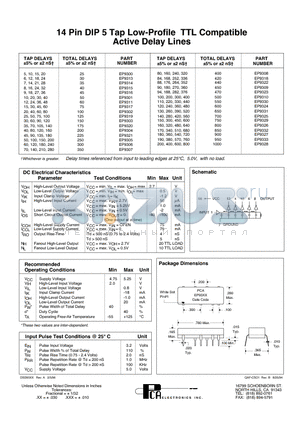 EP9301 datasheet - 14 Pin DIP 5 Tap Low-Profile TTL Compatible Active Delay Lines