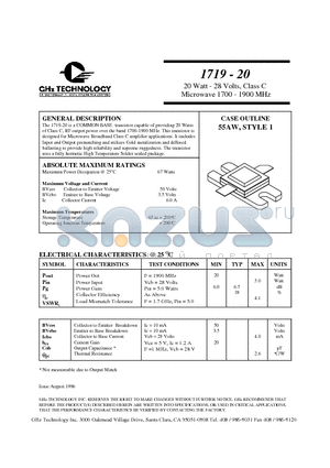 1719-20 datasheet - 20 Watt - 28 Volts, Class C Microwave 1700 - 1900 MHz