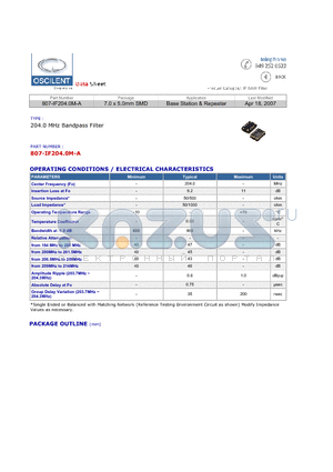 807-IF204.0M-A datasheet - 204.0 MHz Bandpass Filter