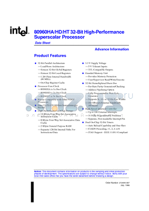 80960HD datasheet - 80960HA/HD/HT 32-Bit High-Performance Superscalar Processor