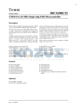 80C32-20R datasheet - CMOS 0 to 44 MHz Single-chip 8 Bit Microcontroller