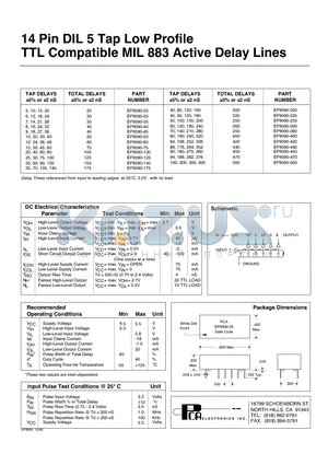 EP9590-225 datasheet - 14 Pin DIL 5 Tap Low Profile TTL Compatible MIL 883 Active Delay Lines