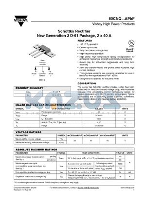 80CNQ040APBF datasheet - Schottky Rectifier New Generation 3 D-61 Package, 2 x 40 A