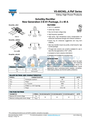 80CNQ040APBF datasheet - Schottky Rectifier New Generation 3 D-61 Package, 2 x 40 A