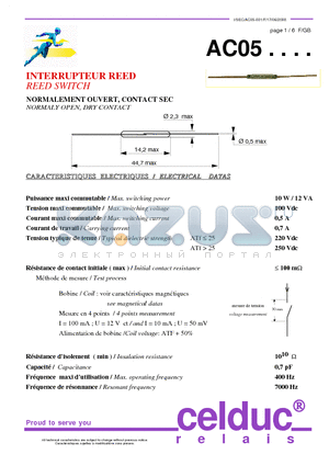 AC05P050 datasheet - REED SWITCH NORMALY OPEN, DRY CONTACT