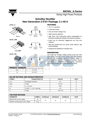 80CNQ045A datasheet - Schottky Rectifier New Generation 3 D-61 Package, 2 x 40 A