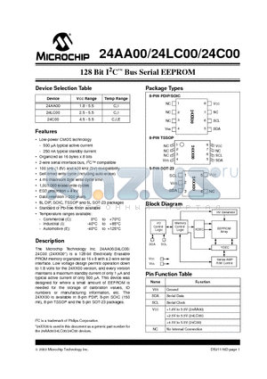 24AA00T-ISN datasheet - 128 Bit I2C Bus Serial EEPROM