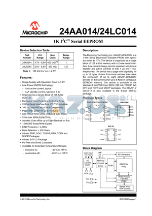 24AA014-I/P datasheet - 1K I2C Serial EEPROM