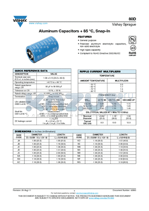 80D datasheet - Aluminum Capacitors  85 `C, Snap-In