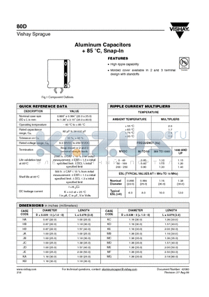 80D102P050HA2D datasheet - Aluminum Capacitors  85 `C, Snap-In