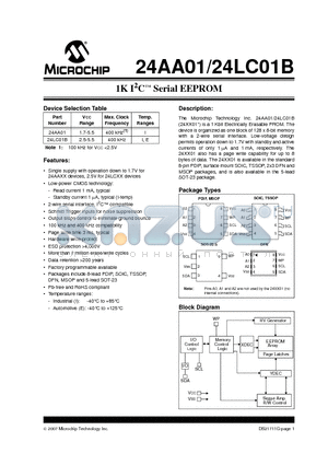 24AA01B-I/MC datasheet - 1K I2C Serial EEPROM