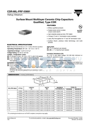 CDR02BP102BCYP datasheet - Surface Mount Multilayer Ceramic Chip Capacitors Qualified, Type CDR