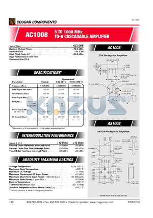 AC1008 datasheet - 5 TO 1000 MHz TO-8 CASCADABLE AMPLIFIER