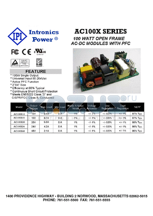 AC100X15 datasheet - 100 WATT OPEN FRAME AC-DC MODULES WITH PFC