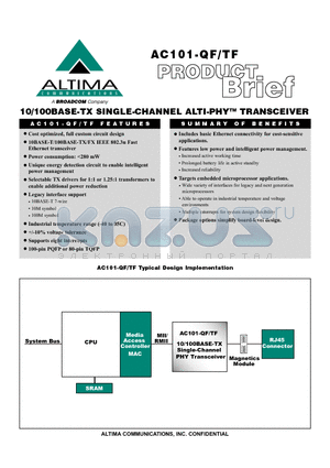 AC101-QF datasheet - 10/100 BASE - TX SINGLE-CHANNEL ALTI PHY TRANSCEIVER