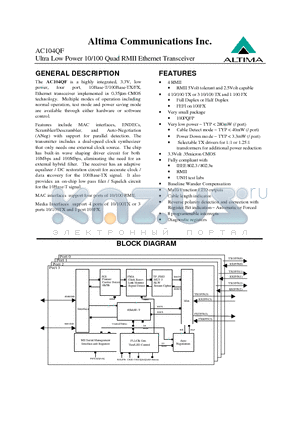 AC104QF datasheet - Ultra Low Power 10/100 Quad RMII Ethernet Transceiver