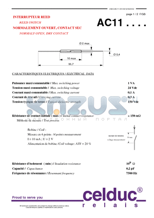 AC11 datasheet - REED SWITCH NORMALY OPEN, DRY CONTACT
