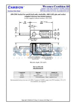 450-3301 datasheet - Socket for patch lead ends, stackable, .040 (1,02) pin and socket