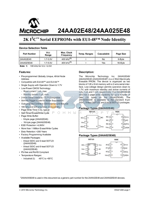 24AA025E48T-ISN datasheet - 2K I2C Serial EEPROMs with EUI-48 Node Identity