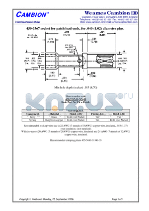 450-3367 datasheet - socket for patch lead ends, for .040 (1,02) diameter pins
