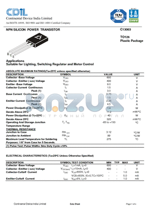 C13003 datasheet - NPN SILICON POWER TRANSISTOR