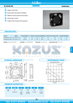 DBF8025G115MT datasheet - AC COOLING FAN 80x80x25mm