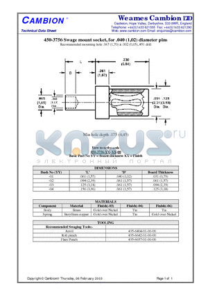 450-3756 datasheet - Swage mount socket, for .040 (1,02) diameter pins