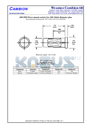 450-3983 datasheet - Press mount socket, for .025 (0,64) diameter pins