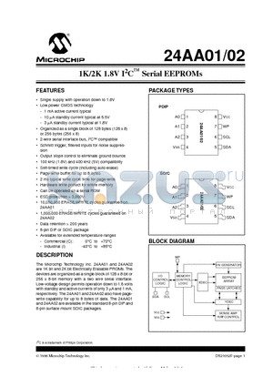 24AA02IP datasheet - 1K/2K 1.8V I 2 C O Serial EEPROMs