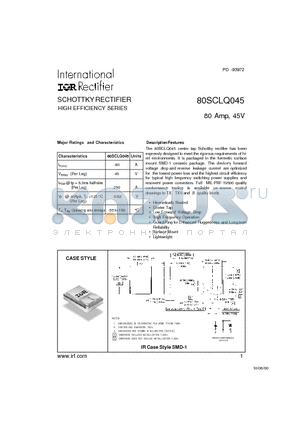 80SCLQ045 datasheet - SCHOTTKY RECTIFIER HIGH EFFICIENCY SERIES 80 Amp, 45V