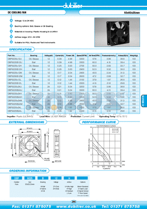DBF9225B12L datasheet - DC COOLING FAN 92x92x25mm