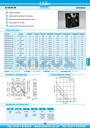 DBF9225B12LT datasheet - DC COOLING FAN 92x92x25mm