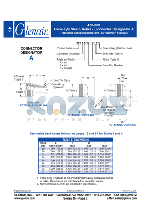 450AB001M20 datasheet - Connector Designator A Rotatable Coupling