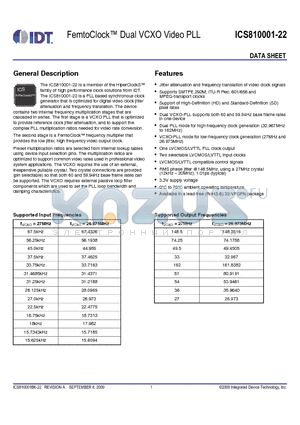 810001BK-22LF datasheet - FemtoClock Dual VCXO Video PLL