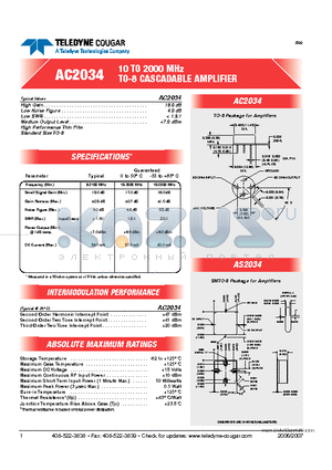 AC2034 datasheet - 10 TO 2000 MHz TO-8 CASCADABLE AMPLIFIER