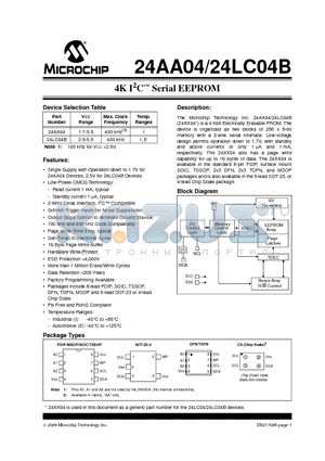 24AA04T-E/ST datasheet - 4K I2C Serial EEPROM