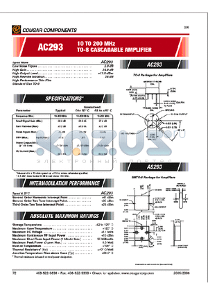 AC293 datasheet - 10 TO 200 MHz TO-8 CASCADABLE AMPLIFIER