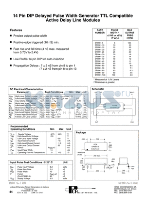 EP9981-60 datasheet - 14 Pin DIP Delayed Pulse Width Generator TTL Compatible Active Delay Line Modules