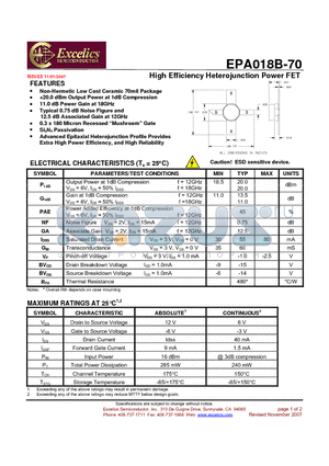 EPA018B-70 datasheet - High Efficiency Heterojunction Power FET