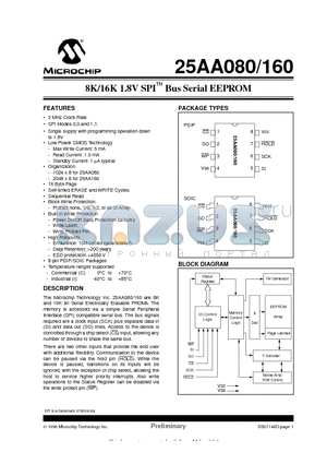 24AA080-SN datasheet - 8K/16K 1.8V SPI  Bus Serial EEPROM