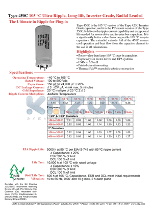 450C123M100AF8 datasheet - Ultra-Ripple, Long-life, Inverter Grade, Radial Leaded The Ultimate in Ripple for Plug-in