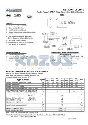 DBL101G datasheet - Single Phase 1.0AMP. Glass Passivated Bridge Rectifiers