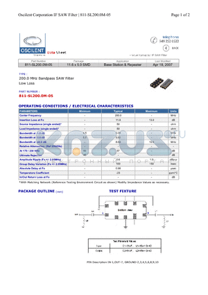 811-SL200.0M-05 datasheet - 200.0 MHz Bandpass SAW Filter Low Loss
