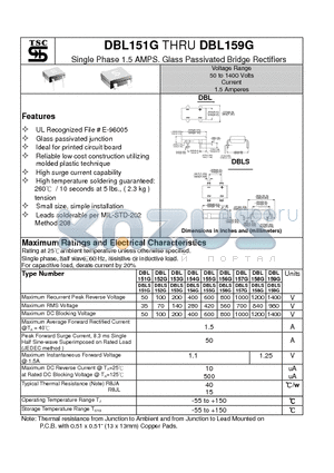DBL154G datasheet - Single Phase 1.5 AMPS. Glass Passivated Bridge Rectifiers