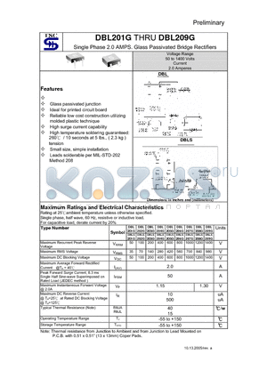 DBL202G datasheet - Single Phase 2.0 AMPS. Glass Passivated Bridge Rectifiers