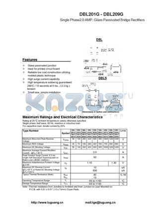DBL202G datasheet - Single Phase2.0 AMP. Glass Passivated Bridge Rectifiers