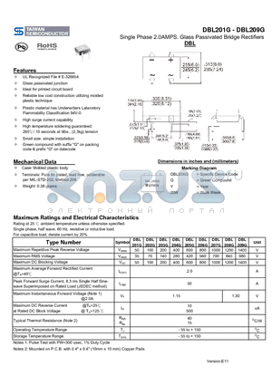 DBL205G datasheet - Single Phase 2.0AMPS. Glass Passivated Bridge Rectifiers