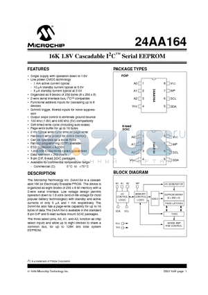 24AA164TSN datasheet - 16K 1.8V Cascadable I2CTM Serial EEPROM